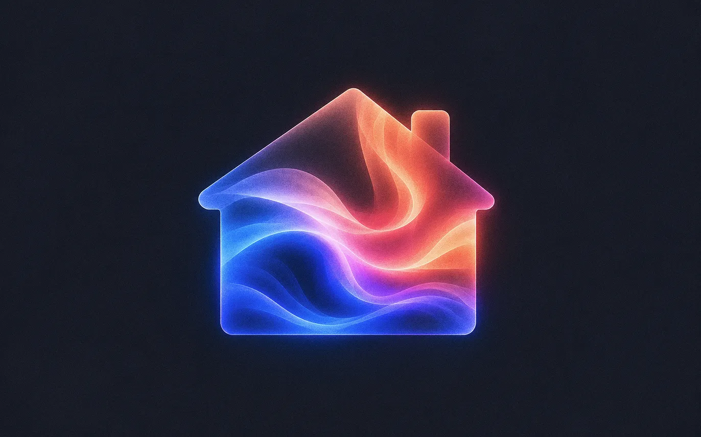 A glowing house outline filled with waves of warm and cool colour